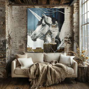 White Unicorn Tabby Cat Fantasy Tapestry