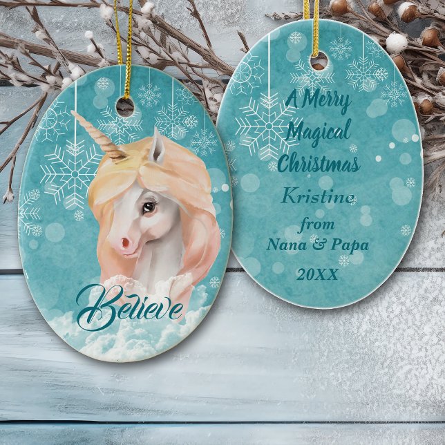 White Unicorn Teal Snowflake Believe Christmas Ceramic Tree Decoration (Creator Uploaded)