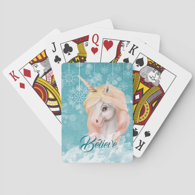 White Unicorn Teal Snowflake Believe Playing Cards (Back)