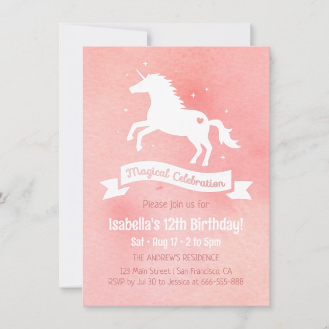 White Unicorn Watercolour Girls Birthday Party Invitation (Front)