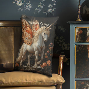 White Unicorn With Orange Butterfly Wings Teen Lumbar Cushion