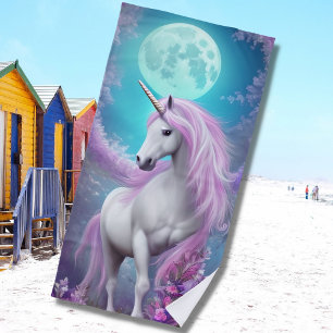 White Unicorn with Purple Flowers & Moon Beach Towel