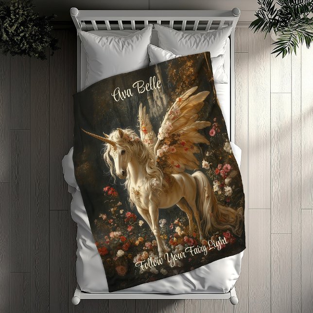 White Unicorn with Wings in a Floral Woodland Fleece Blanket (Creator Uploaded)