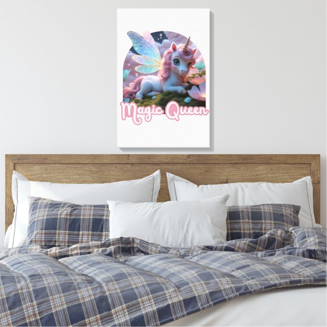 White unicorn with wings - Magic Queen Canvas Print (Insitu(Bedroom))