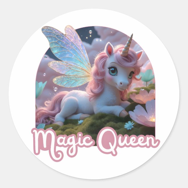 White unicorn with wings - Magic Queen Classic Round Sticker (Front)