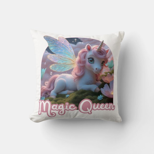 White Unicorn with Wings - Magic Queen Cushion (Front)