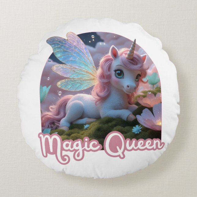 White unicorn with wings - Magic Queen Round Cushion (Front)