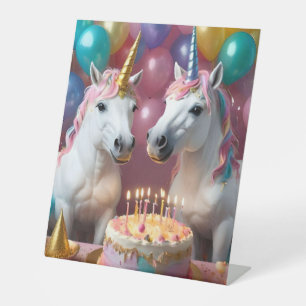 White Unicorns Celebrating Their Birthday, Pedestal Sign