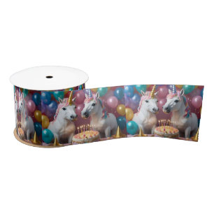 White Unicorns Celebrating Their Birthday, Satin Ribbon