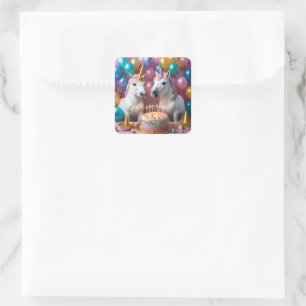 White Unicorns Celebrating Their Birthday, Square Sticker