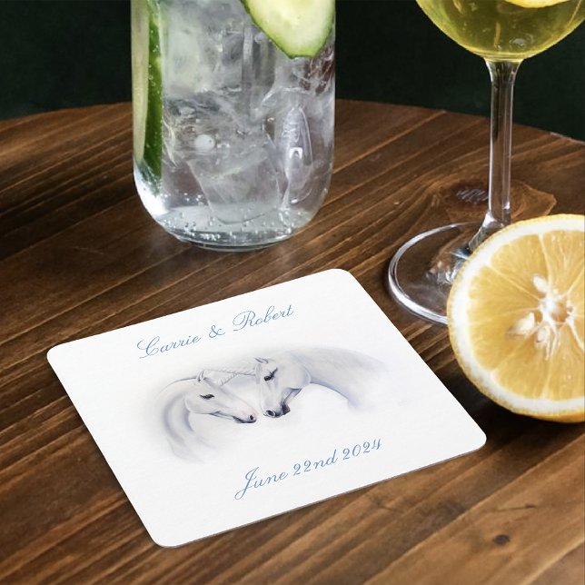 White Unicorns Love Couple Square Paper Coaster (Creator Uploaded)