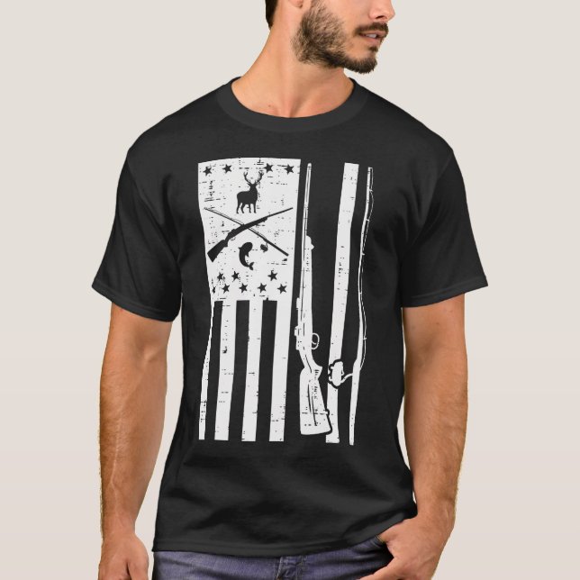 White Us Flag Rifle Fishing Rod Fish Deer Hunting  T-Shirt (Front)