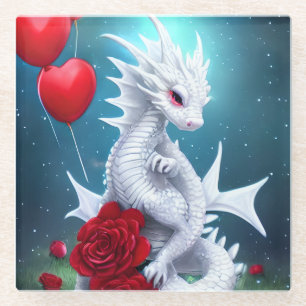 White Valentine Love Dragon Glass Coaster