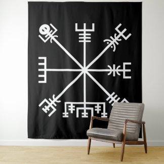 White Vegvisir Sigil on Black Tapestry