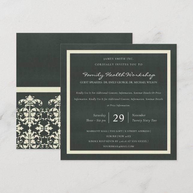 WHITE VELVET BLACK DAMASK CLASSIC WORKSHOP EVENT INVITATION (Front/Back)