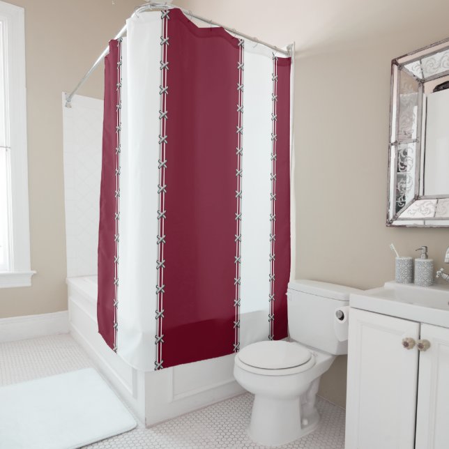 White vertical stripes, stitched on burgundy shower curtain (In Situ)
