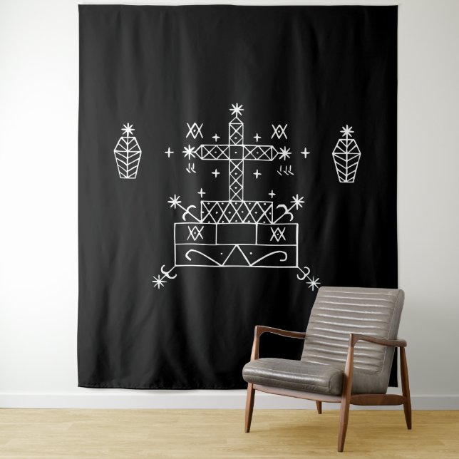 White Veve of Baron Samedi on Black Tapestry (In Situ)