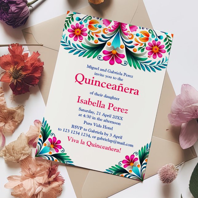 White Vibrant Floral Quinceanera Mexican Fiesta Invitation (White Vibrant Floral Quinceanera Mexican Fiesta Invitation on a boho table with colorful flowers.)