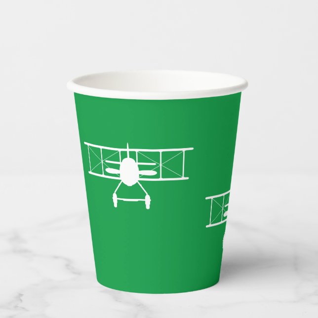 White Vintage Biplane on Green Background Paper Cups (Front)
