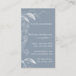 White Vintage Botanical Dusty Blue Business Card