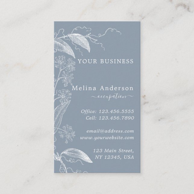 White Vintage Botanical Dusty Blue Business Card (Front)