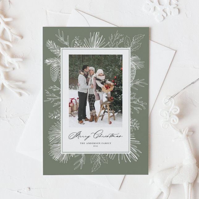 White Vintage Botanical Frame Taupe Green Photo Holiday Postcard (Creator Uploaded)