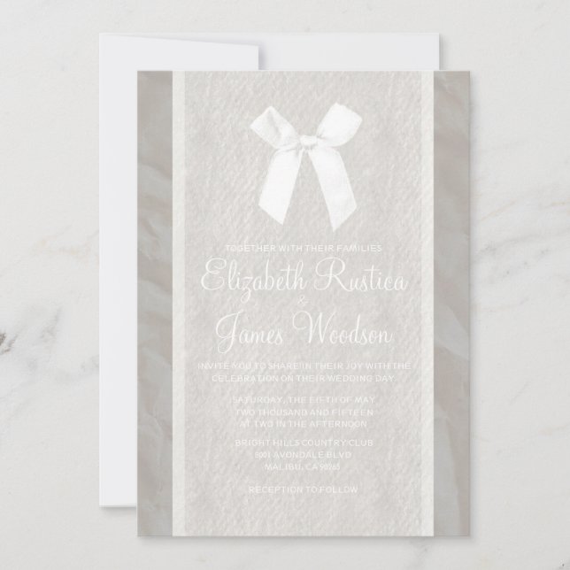 White Vintage Bow & Linen Wedding Invitations (Front)