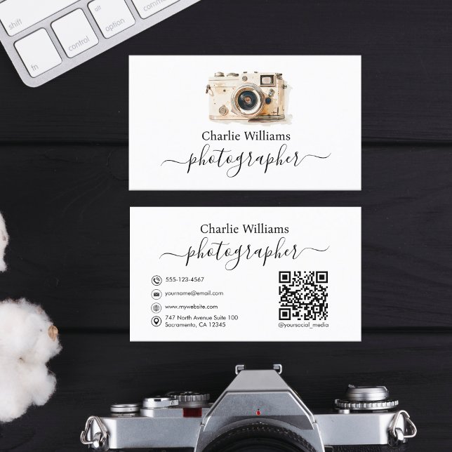 White Vintage Camera Art, Photographer Business Card (Creator Uploaded)
