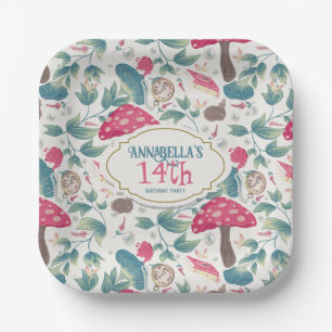 White Vintage Cottagecore Mushroom Birthday Paper Plate