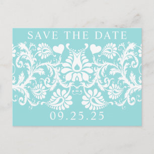 White Vintage Damask  On Delicate Aqua Blue Announcement Postcard