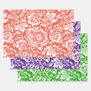 White vintage damask on orange, purple and green wrapping paper sheet