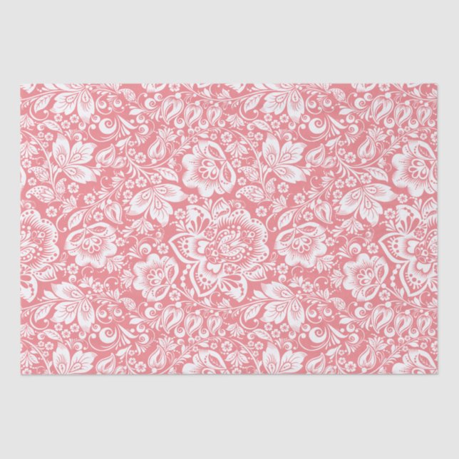 White vintage damask on pink background tissue paper (Front)