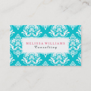 White Vintage Damasks On Turquoise Background Business Card