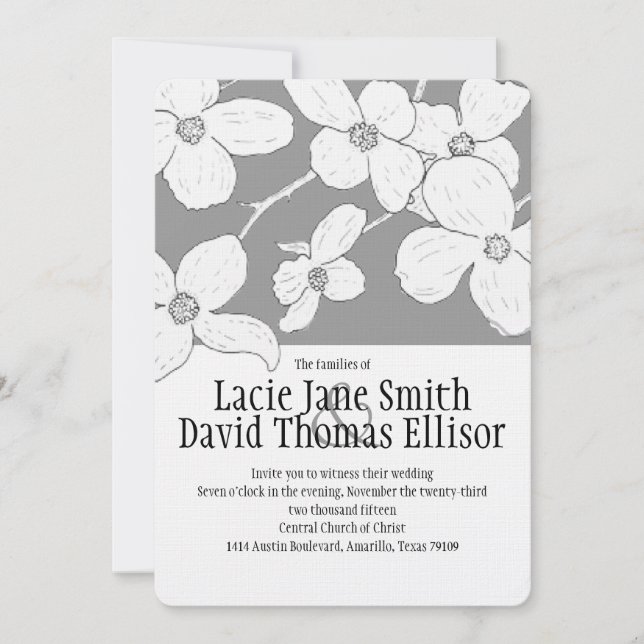 White Vintage Dogwood on Grey Wedding Invitation (Front)