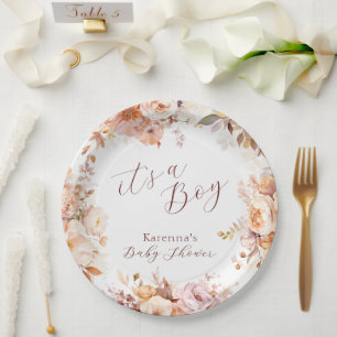 White Vintage Floral Fall It's a Boy Baby Shower Paper Plate