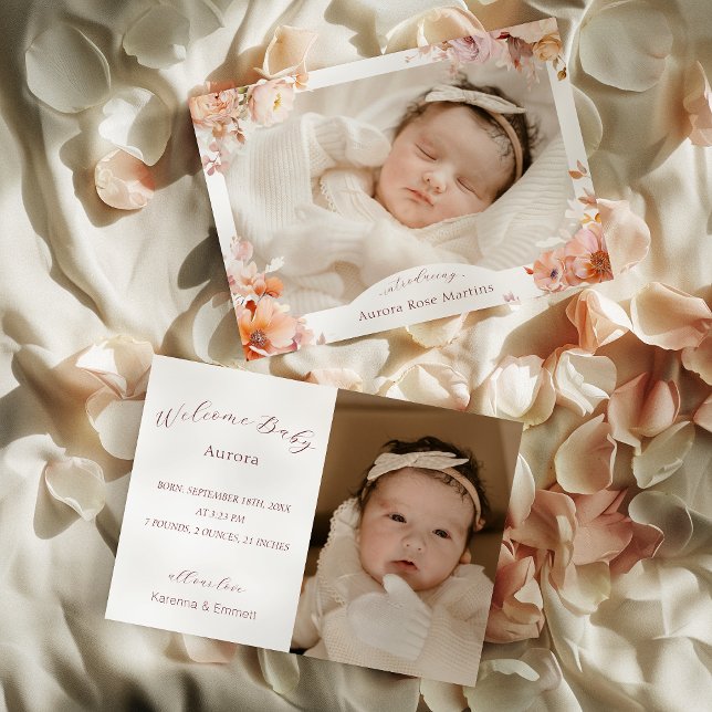 White Vintage Floral Fall Two Photo Birth Announcement (Creator Uploaded)