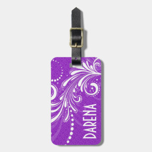 White Vintage Floral Swirl Purple Damasks Monogram Luggage Tag