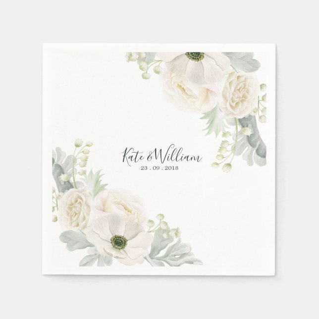 White Vintage Floral Wedding Cocktail Paper Napkin (Front)