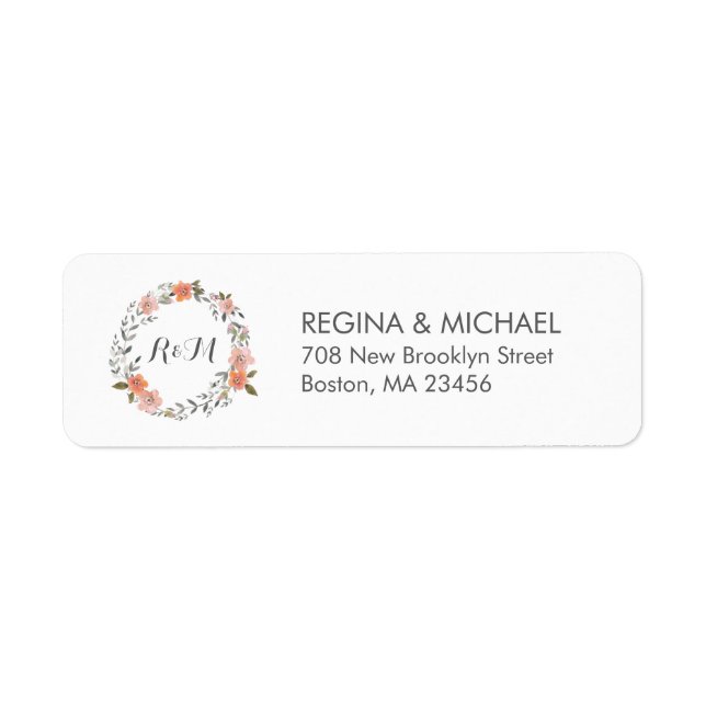 White Vintage Floral Wreath Monogram Address Label (Front)