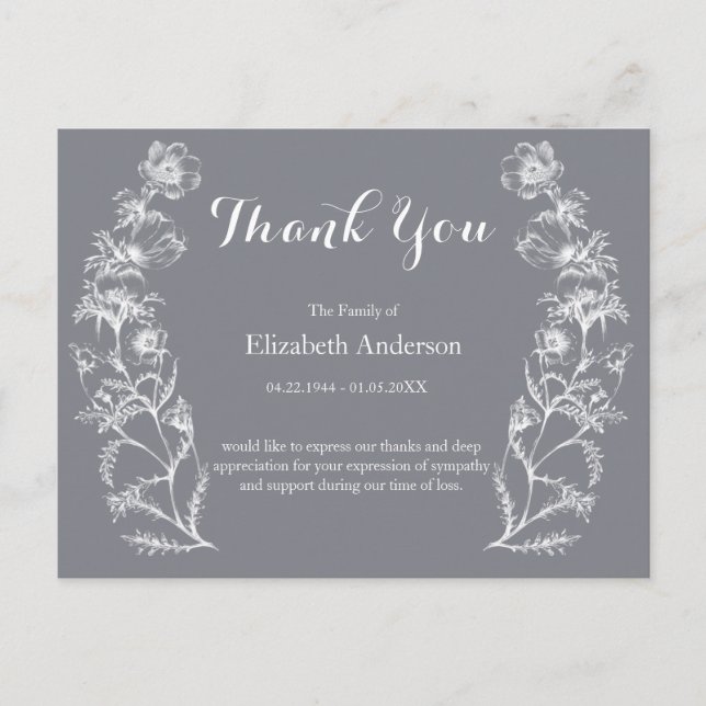 White Vintage Flowers Grey Funeral Thank You Postcard (Front)