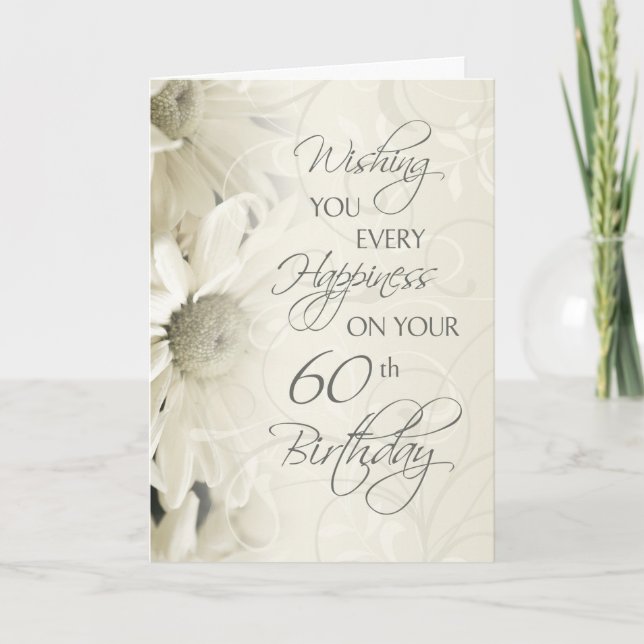 White Vintage Flowers Happy 60th Birthday Card (Front)