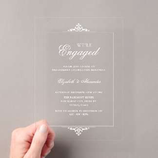 White Vintage Frame Old Money We're Engaged Party Acrylic Invitations