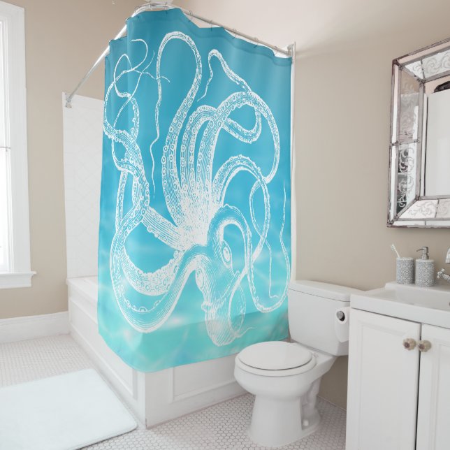 White Vintage  Kraken Illustration  Ocean Water Shower Curtain (In Situ)