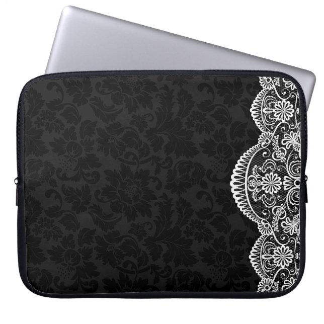White Vintage Lace Black Damasks Laptop Sleeve (Front)