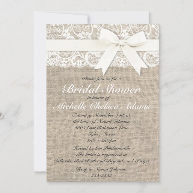 White Vintage Lace Burlap Bridal Shower Invitation (Front)