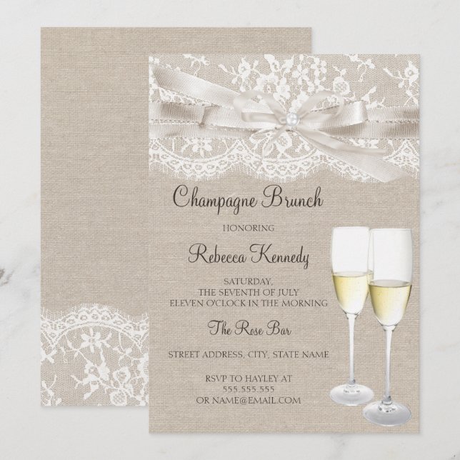 White Vintage Lace Champagne Brunch Invite (Front/Back)