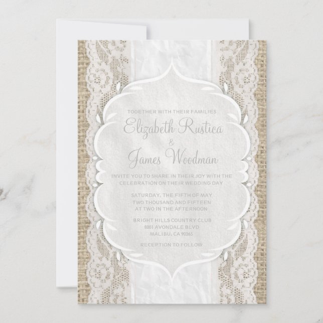 White Vintage Linen Burlap Lace Wedding Invitation (Front)