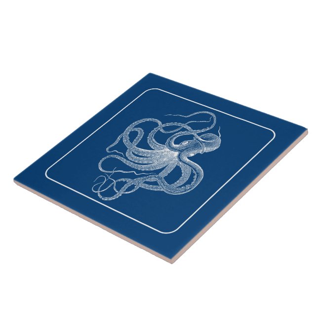 White Vintage Nautical Octopus on Navy Blue Tile (Side)
