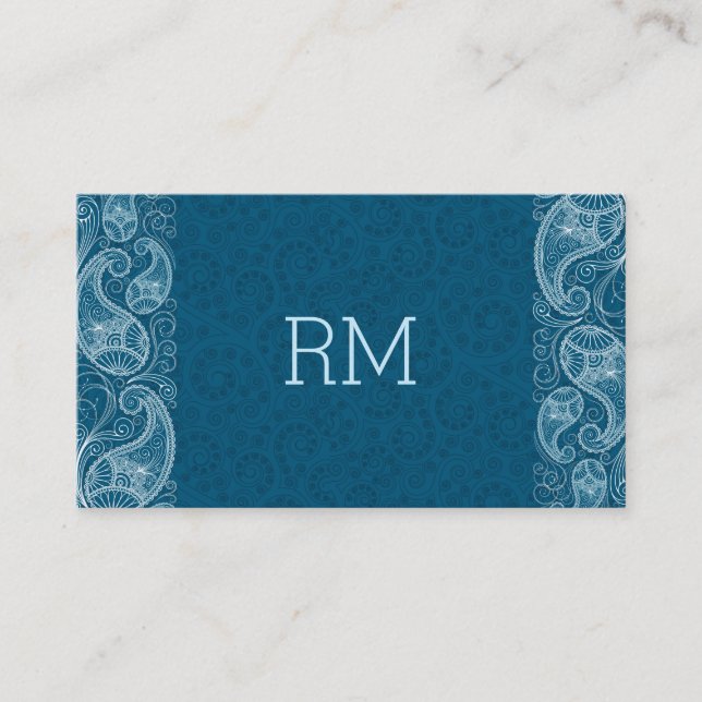 White vintage paisley blue-green background business card (Front)