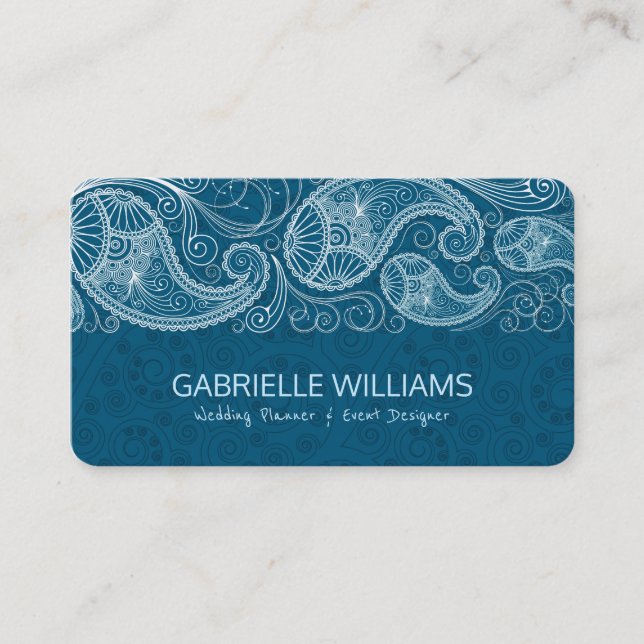 White Vintage Paisley Blue-Green background Business Card (Front)